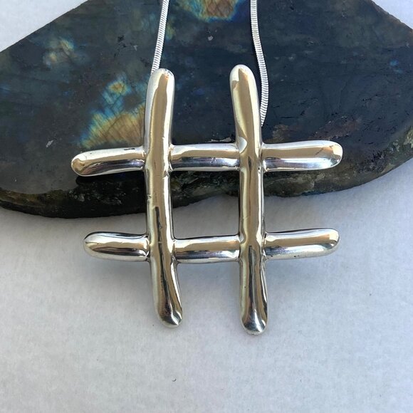 Sterling Silver 925 Large Hashtag Pound Symbol Brooch Pendant Necklace FLAW 17" - Picture 1 of 16